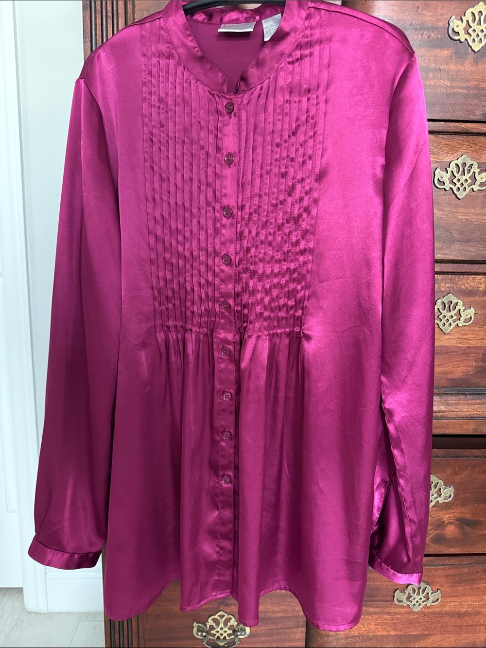 Women's Pintuck Satin Blouse - Magenta